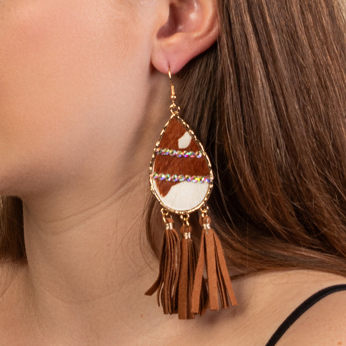 93209 - Animal Print Tassel Earrings - Light Brown