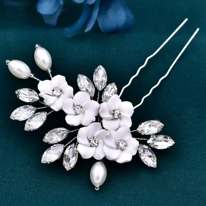 Wedding Hair Accessories - Ceramic Flowers and Pearls Bridal Hair Pin