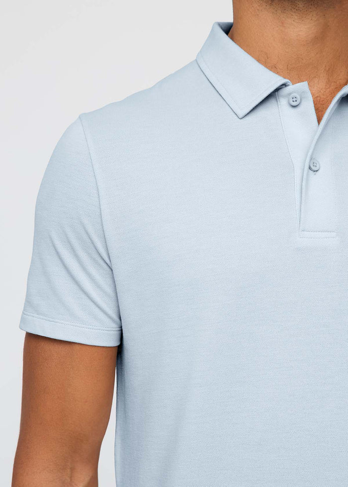 men's breathable light blue polo front collar detail