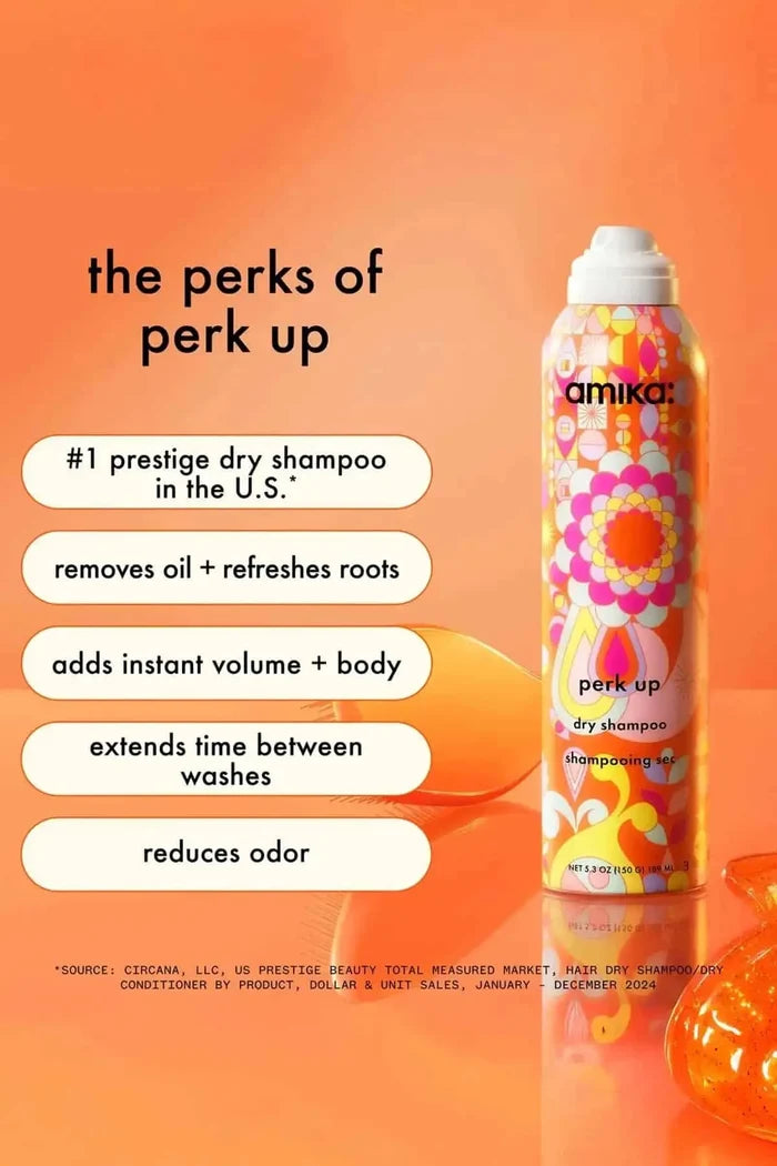 Infographic highlighting Amika dry shampoo benefits like oil removal, volume boost, and odor reduction.