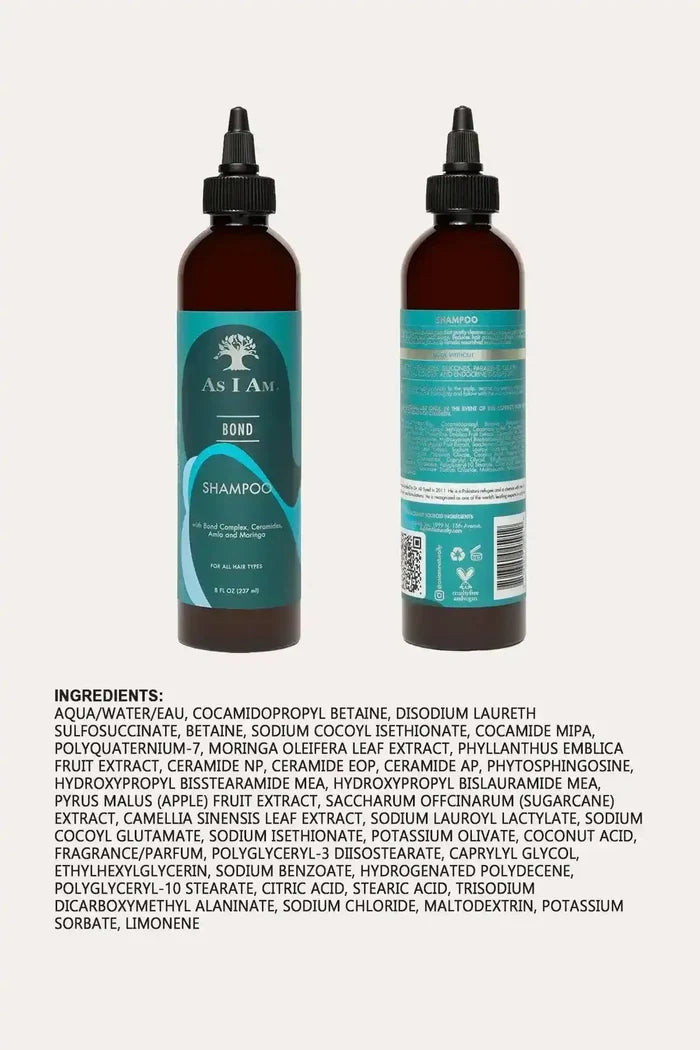 Full ingredients list of As I Am Bond Shampoo, highlighting its moisture-balanced formula with Moringa Oil, Amla Extract, and Ceramides.