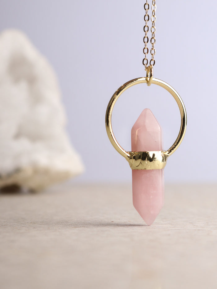 Double Point Rose Quartz Pendant | Gold-Image 1