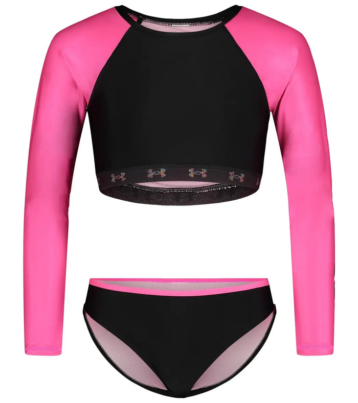 Under Armour girls two-piece rashguard set in Pink/Black with long sleeves and bikini bottom