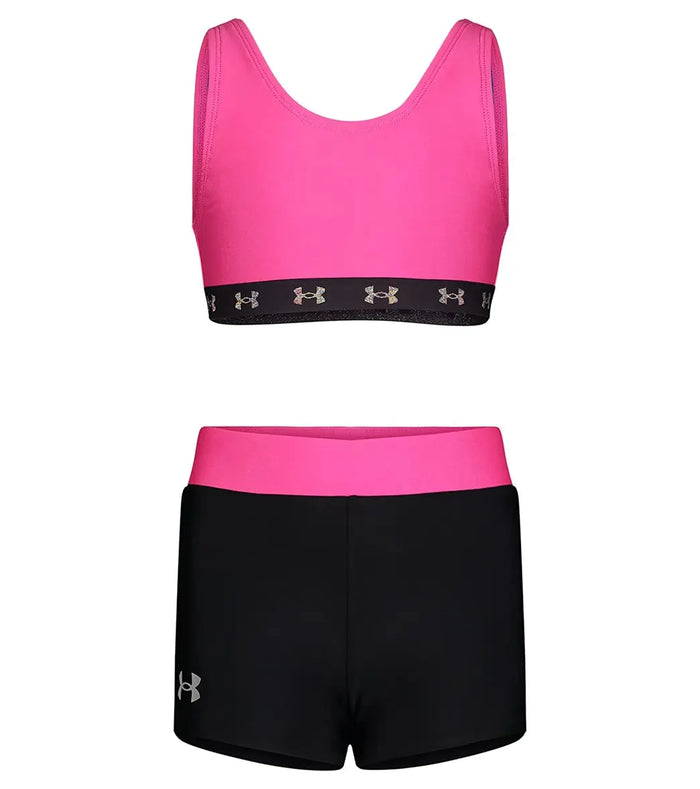 Under Armour girls Pink/Black two-piece swim short set with tank top, logo hem, and UPF 30+.