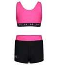 Under Armour girls Pink/Black two-piece swim short set with tank top, logo hem, and UPF 30+.