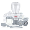 Make homemade baby food with the Mighty Blender 22-Piece Baby Food System, featuring a blender base, blending jar, storage pots, two blades, spatula, spoons, ice tray, and small glass jar in white and gray—ideal for baby feeding.