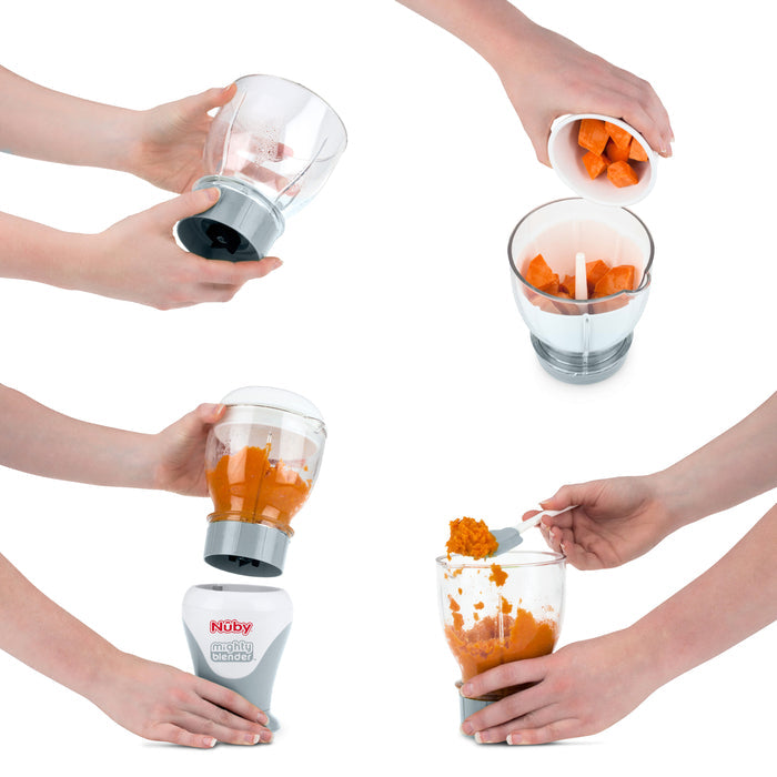 With the Mighty Blender 22-Piece Baby Food System, attach the blade, add chopped carrots, blend, then scoop out fresh carrot puree using a spoon from your baby feeding set for easy homemade baby food prep.