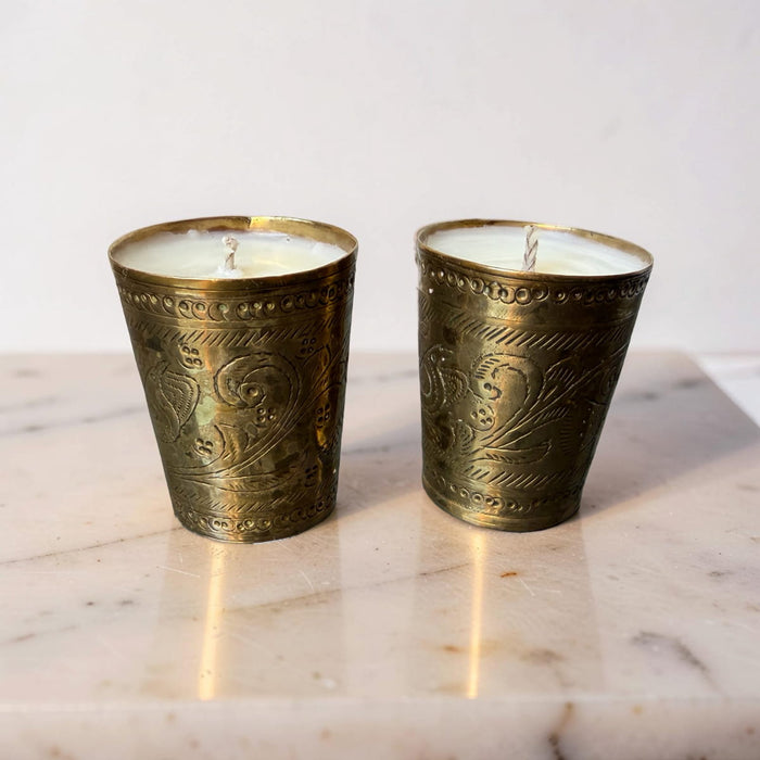 Repurposed Brass Shot Glass Candle Set