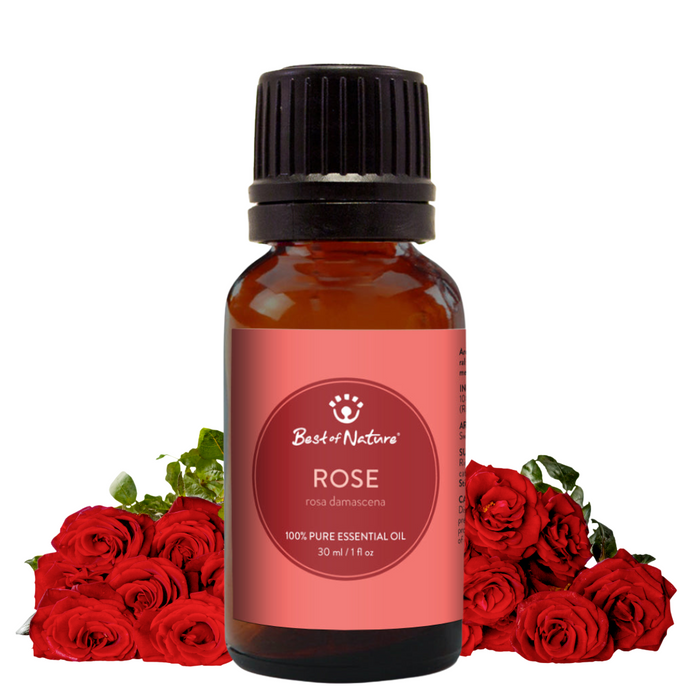 Bottle of Best of Nature Rose essential oil with red roses on a white background