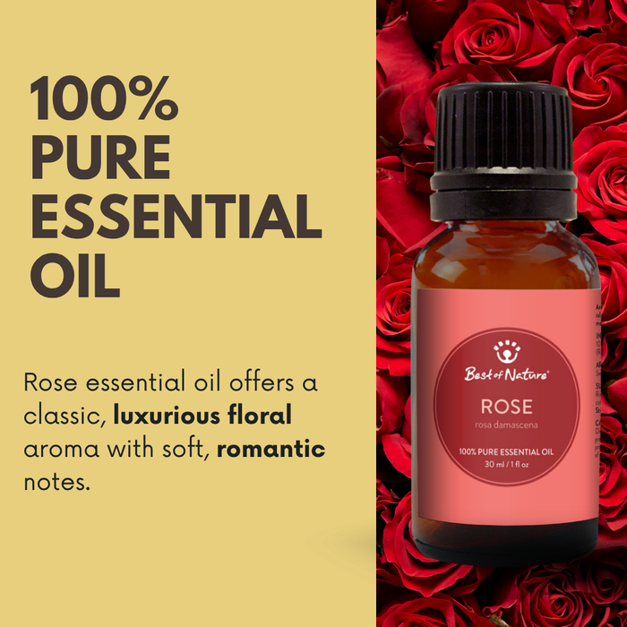 Rose essential oil offers a classic, luxurious floral aroma with soft, romantic notes