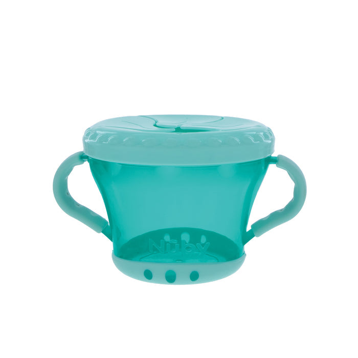 The Nuby Snack Keeper Container is a teal plastic cup with two ergonomic handles and a soft, flexible lid. Designed for young children, its spill-proof top allows easy snack access while helping prevent messes.