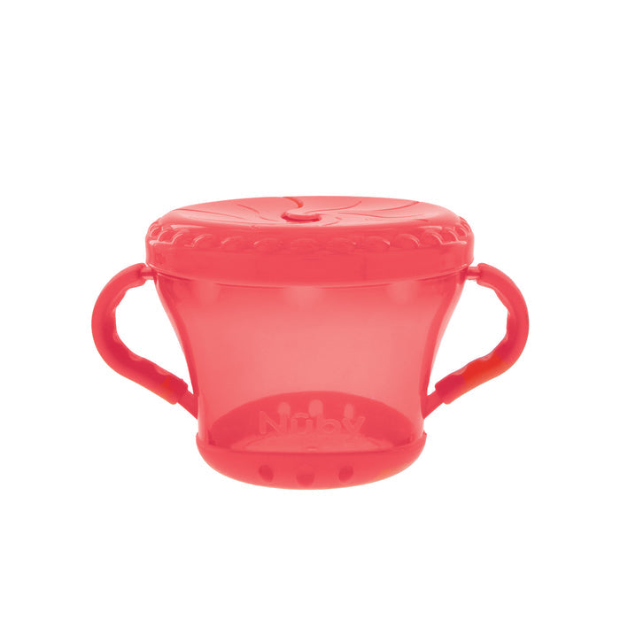 The Nuby Snack Keeper Container is a red, plastic kids’ snack cup with two handles and a flexible, spill-proof lid. Designed for children, it displays the Nuby logo on the front and is shown against a white background.