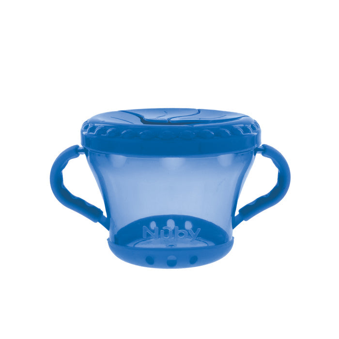 The Nuby Snack Keeper Container is a blue plastic cup with side handles and a flexible lid, allowing easy snack access while preventing spills. The brand name Nuby appears on the front of this spill-proof snack container.