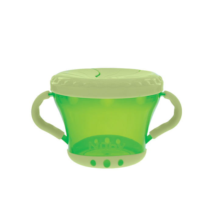 The Nuby Snack Keeper Container is a green and light yellow, spill-proof snack cup for young children, featuring two handles and a flexible lid.