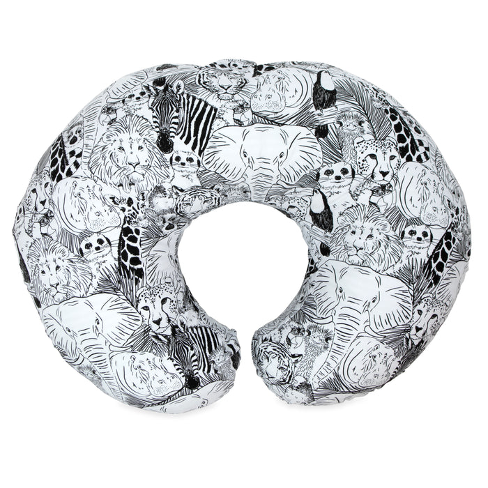 The Support Pod Feeding & Nursing Pillow with Cover features a black and white wild animal print and doubles as both a travel neck pillow and a baby support pillow for versatile use.