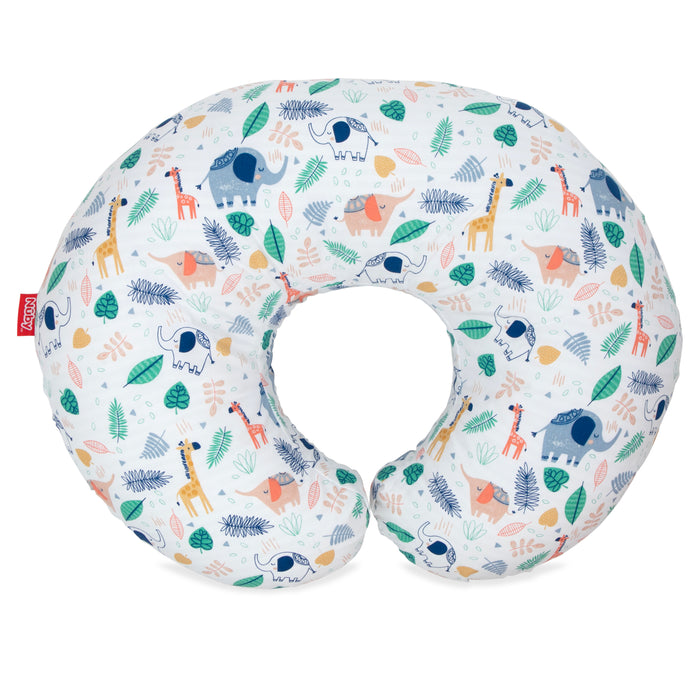 The Support Pod Feeding & Nursing Pillow with Cover features a U-shaped design and a colorful animal print with elephants, giraffes, foxes, and leaves on white. It has a red tag on the left side and is ideal for tummy time or infant feeding.