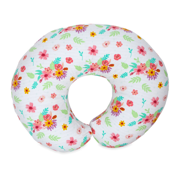 The Support Pod Feeding & Nursing Pillow with Cover is a U-shaped baby support pillow in white fabric featuring pink, orange, and red flowers with green leaves—ideal for tummy time or infant feeding.