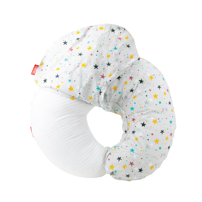 The Support Pod Feeding & Nursing Pillow with Cover is a crescent-shaped baby support pillow with a white cover featuring colorful stars. Soft and cushioned, it's perfect for infant feeding or tummy time and includes a brand tag on the side.