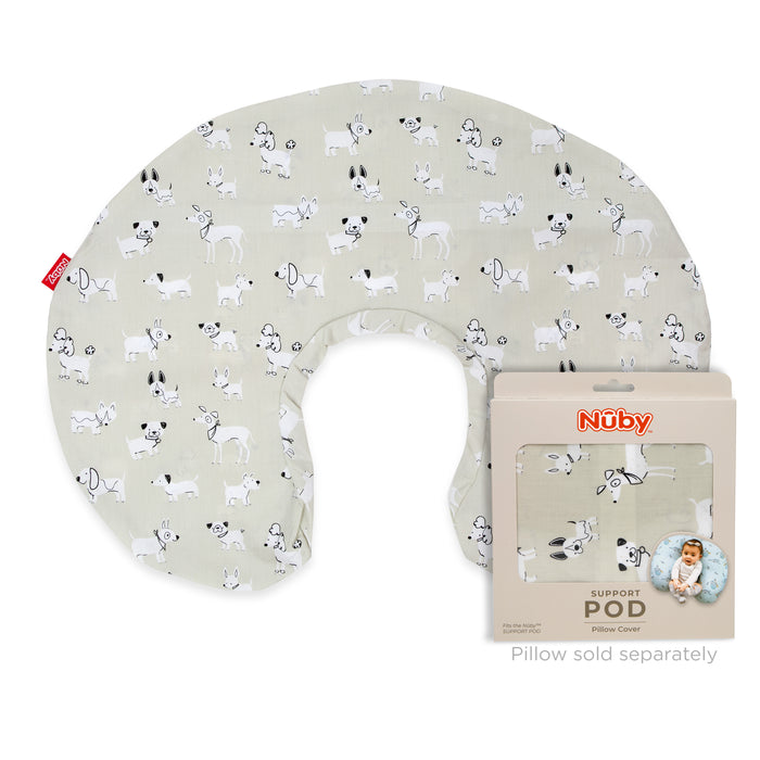 A Support Pod Pillow Cover by Nuby for infant feeding pillows, shown in light gray with white deer print. Packaging and baby using product visible. Machine washable. Text: “Pillow sold separately.”.