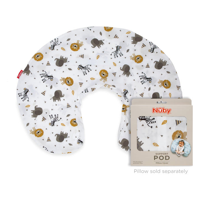 The Support Pod Pillow Cover by Nuby is a white slipcover with lion, elephant, and zebra prints. Machine washable, it fits an infant feeding pillow (sold separately). Packaging features the brand name and a baby photo.