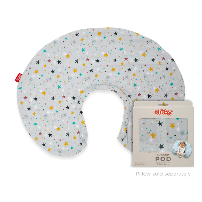 The Support Pod Pillow Cover features a colorful star pattern and is crescent-shaped. Seen next to its packaging with a baby on a pillow, this machine washable cover offers added convenience. Text notes: Pillow sold separately.