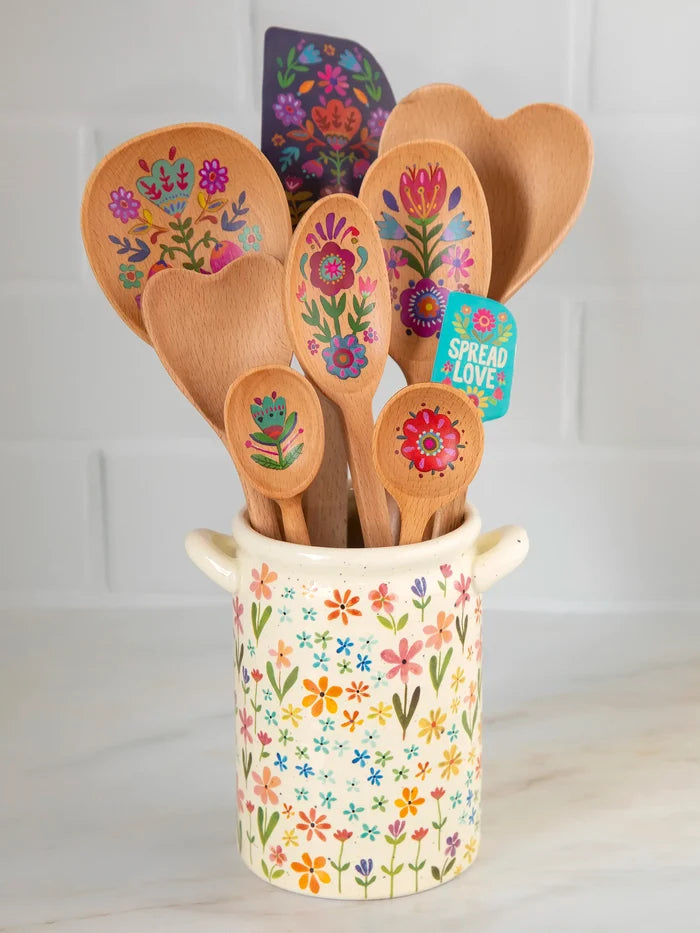 Utensil Crock - Ditsy Cream Rainbow Floral-view 2