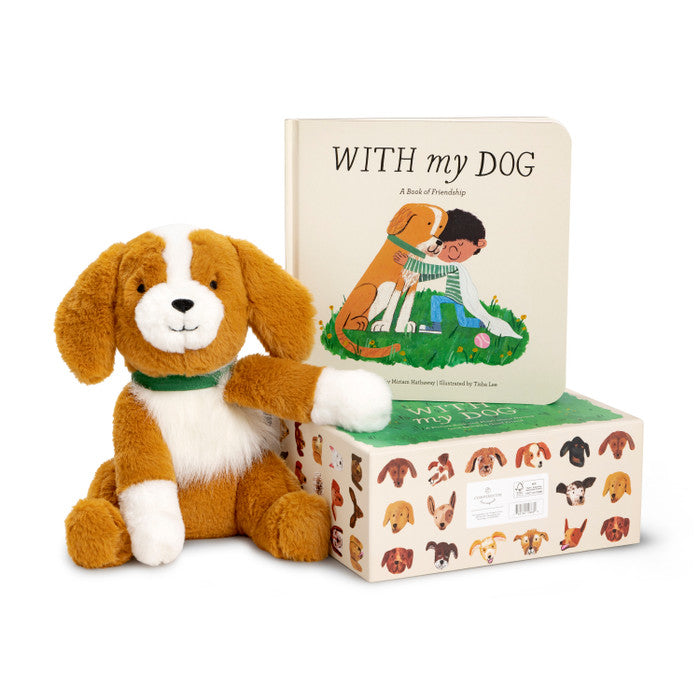 Plush dog toy with a book titled 'With my Dog' on a white background